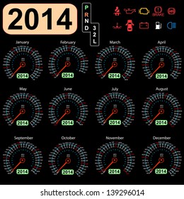 2014 year calendar speedometer car in vector.