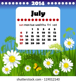 2014 year calendar in vector. July