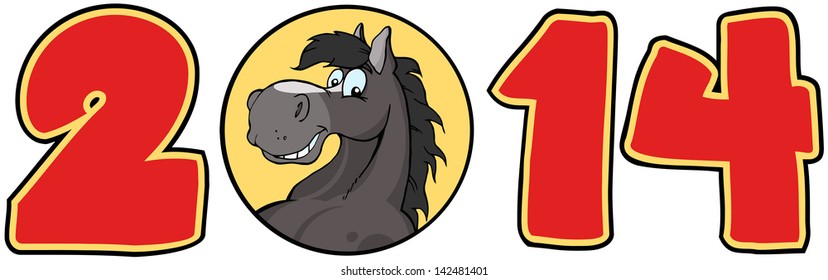 2014 Year Red Cartoon Numbers With Horse Face Over A Circle