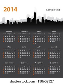 2014 year stylish calendar on cityscape background. Sundays first. Vector illustration