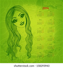 2014 Year vector calendar with hand drawn beautiful long-haired girl