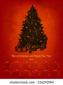 2014 Year vector holiday calendar with hand drawn decorated fir tree and gifts. Bright red variant