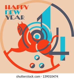 2014 year of the wood horse, typography. Art deco style. Art nouveau. Happy new year.