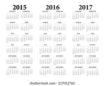 2015 2016 2017 Calendarweeks Start On Stock Vector (Royalty Free ...