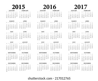 2015, 2016, 2017 Calendar.Weeks start on Monday.