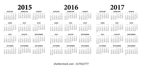 2015, 2016, 2017 Calendar.Weeks start on Sunday.
