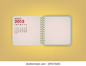 2015 Calendar August Notebook Design Vector