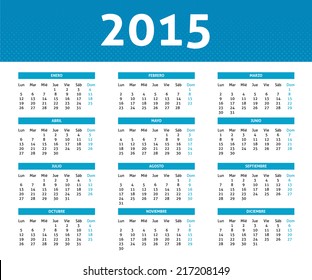 2015 calendar in blue halftone style (Monday to Sunday) in Spanish