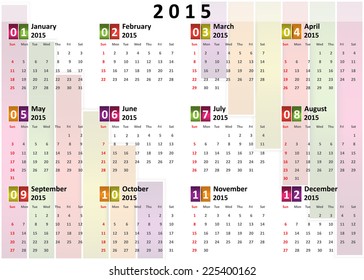  2015 Calendar, Colorful 2015 Calendar, 2015 Calendar Vector Design. Vector Illustration.