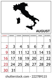 A 2015 Calendar with the country of Italy - August