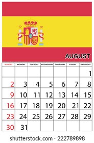 A 2015 Calendar with the country of Spain - August