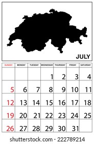 A 2015 Calendar with the country of Switzerland - July