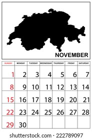 A 2015 Calendar with the country of Switzerland - November
