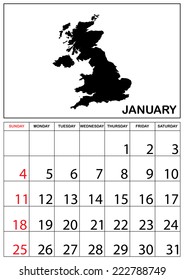 A 2015 Calendar with the country of United Kingdom - January