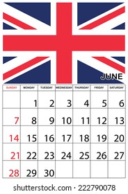 A 2015 Calendar with the country of United Kingdom - June