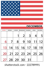 A 2015 Calendar with the country of United States of America - December