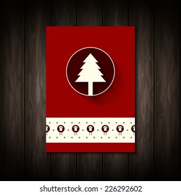 2015 calendar cover on wooden texture background. Red color poster with paper clip. 2015, Happy New Year, Marry Christmas texting and decorative pattern with sheeps and christmas tree