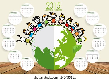 Calendário de 2015, Cute children on Green Eco Earth. Ilustração vetorial.