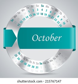 2015 calendar design with metallic ring and ribbon - october month