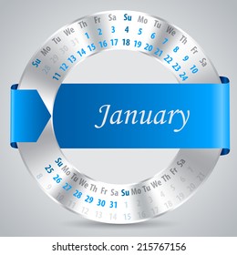 2015 calendar design with metallic ring and ribbon - january month