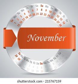 2015 calendar design with metallic ring and ribbon - november month
