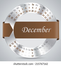 2015 calendar design with metallic ring and ribbon - december month