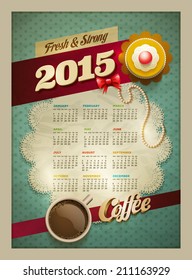 2015 Calendar design template. Vector cup of coffee and cakes on lace paper background with copy space for your text. View from above.