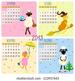 2015 calendar with funny sheep. Autumn. Hand-drawing vector illustration