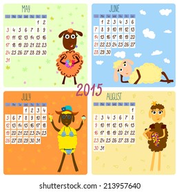 2015 calendar with funny sheep. Summer. Hand-drawing vector illustration