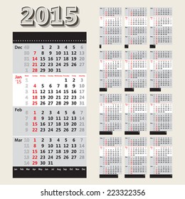 2015 calendar grid with week numbers (4 month view)