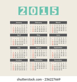2015 calendar grid with week numbers