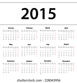 2015 calendar minimal design, week starts with Monday