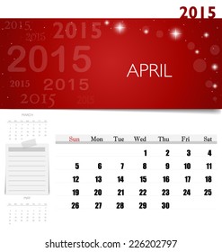 2015 calendar, monthly calendar template for April. Vector illustration.