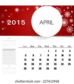 Kalender 2015, monatliche Kalendervorlage für April. Vektorgrafik.