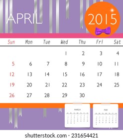 2015 calendar, monthly calendar template for April. Vector illustration.