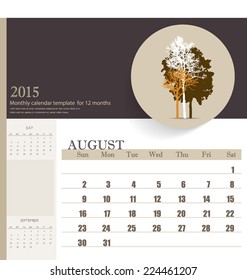 2015 calendar, monthly calendar template for August. Vector illustration.