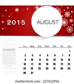 Calendario de 2015, plantilla de calendario mensual para agosto. Ilustración vectorial.