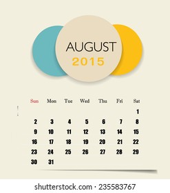 2015 calendar, monthly calendar template for August. Vector illustration.