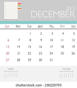 2015 calendar, monthly calendar template for December. Vector illustration.