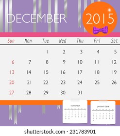 2015 calendar, monthly calendar template for December. Vector illustration.