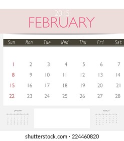 2015 calendar, monthly calendar template for February. Vector illustration.
