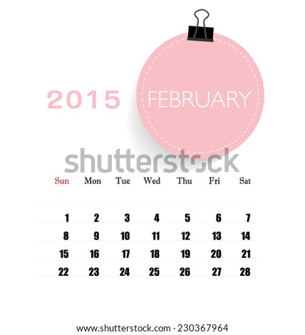 2015 calendar, monthly calendar template for February. Vector illustration.