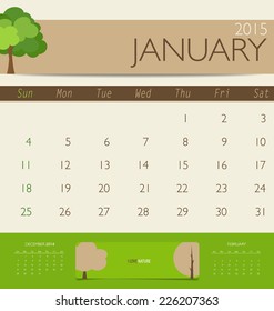 2015 calendar, monthly calendar template for January. Vector illustration.