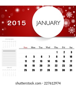 2015 calendar, monthly calendar template for January. Vector illustration.