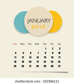 2015 calendar, monthly calendar template for January. Vector illustration.