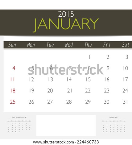 2015 calendar, monthly calendar template for January. Vector illustration.