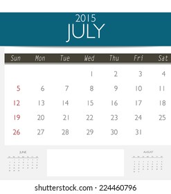 2015 calendar, monthly calendar template for July. Vector illustration.