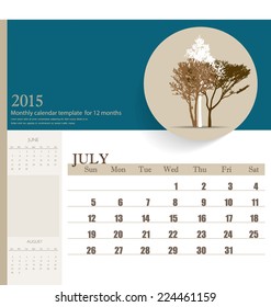 2015 calendar, monthly calendar template for July. Vector illustration.