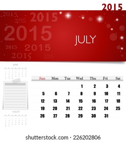 2015 calendar, monthly calendar template for July. Vector illustration.