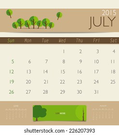 2015 calendar, monthly calendar template for July. Vector illustration.